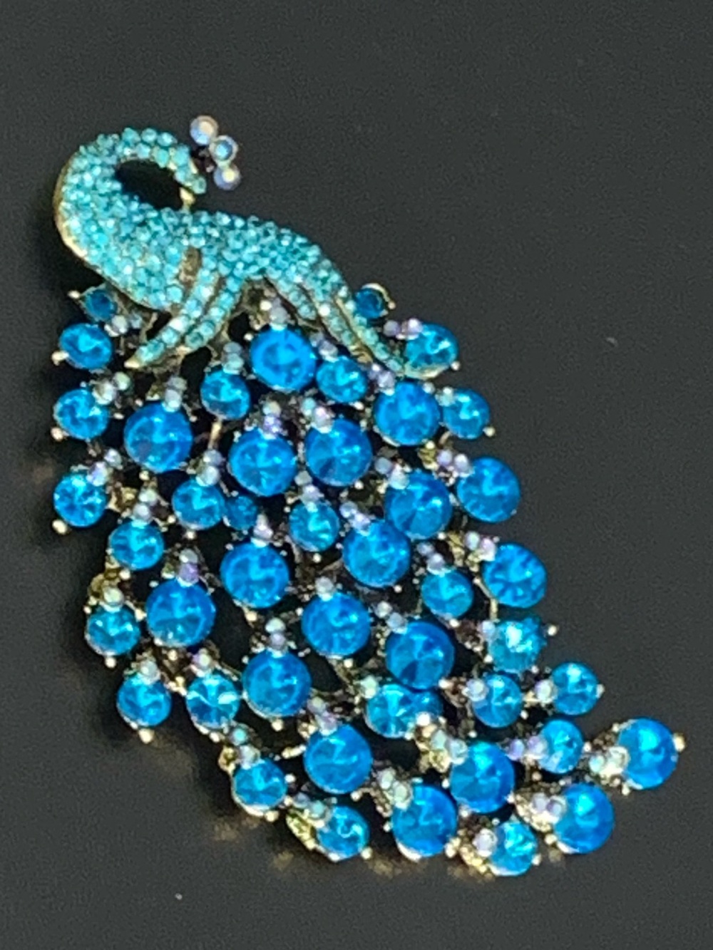 Vintage Gold Tone Blue Crystal Rhinestones Large Peacock Brooch